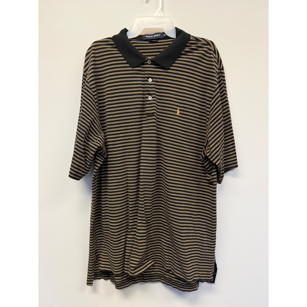 Polo Golf Ralph Lauren Mens XL Pima Cotton Striped Polo Shirt Black Tan Gold